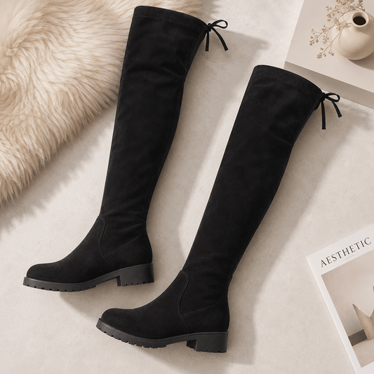 Women’s Black Faux Suede Thigh High Boots Low Heel Over Knee Boots