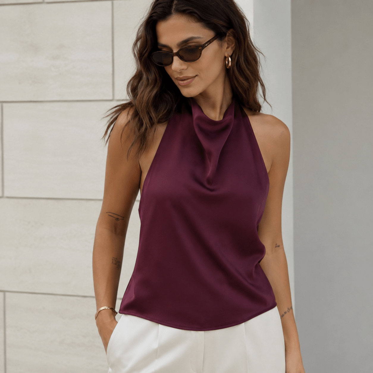 Women’s Satin Halter Top Backless Sleeveless Summer Party Top