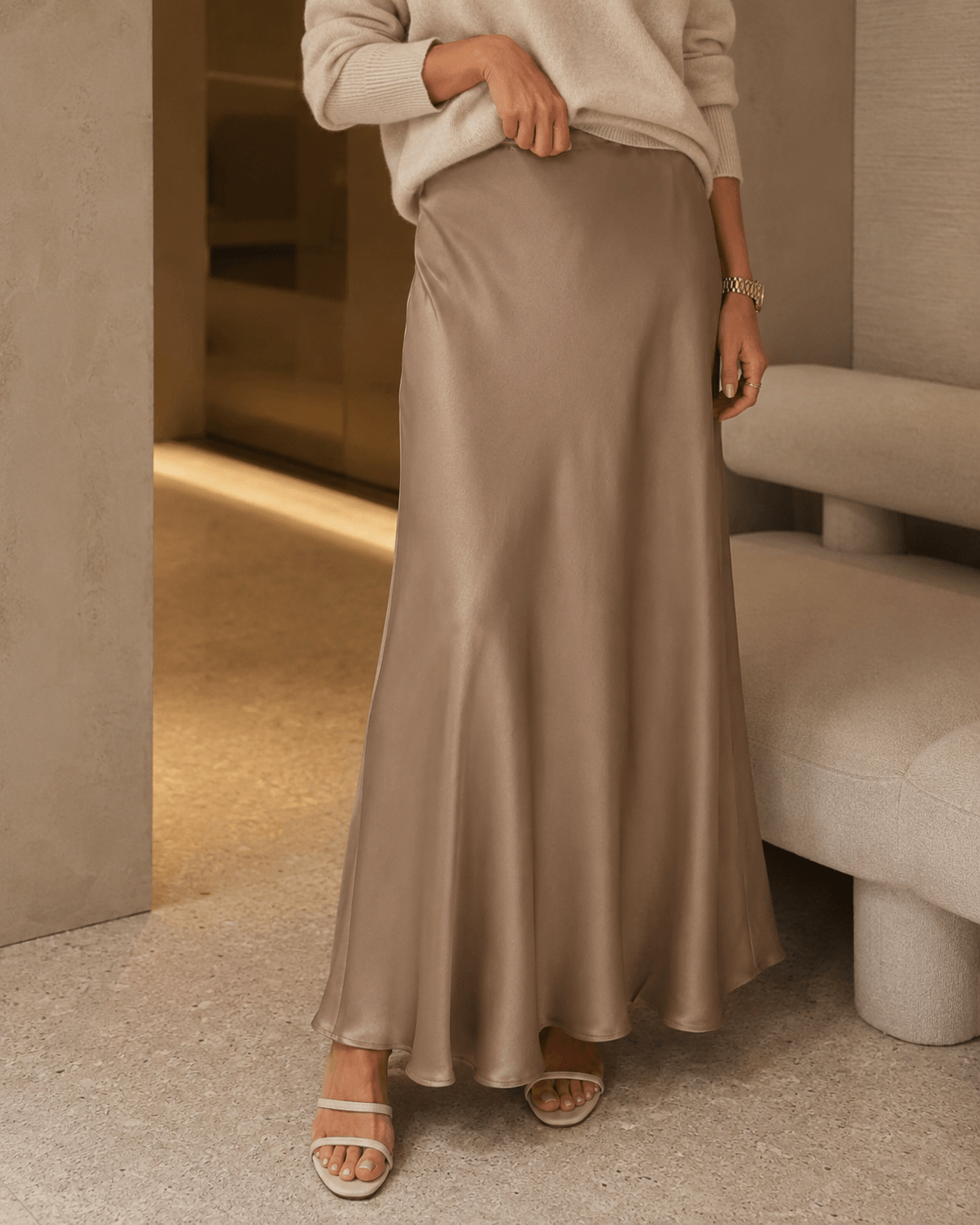 Women’s Satin Midi Skirt High Waist A-Line Office Skirt
