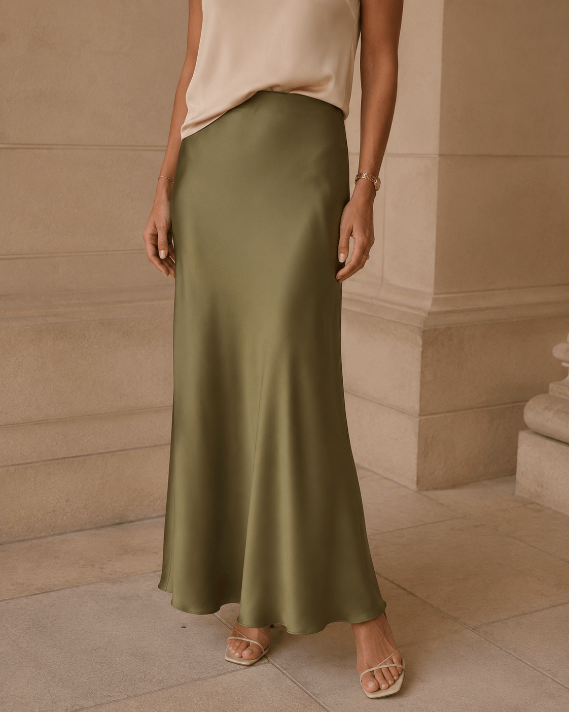 Women’s Satin Midi Skirt High Waist A-Line Office Skirt
