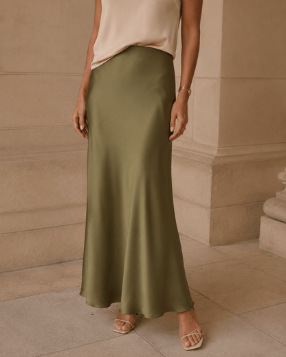 Women’s Satin Midi Skirt High Waist A-Line Office Skirt
