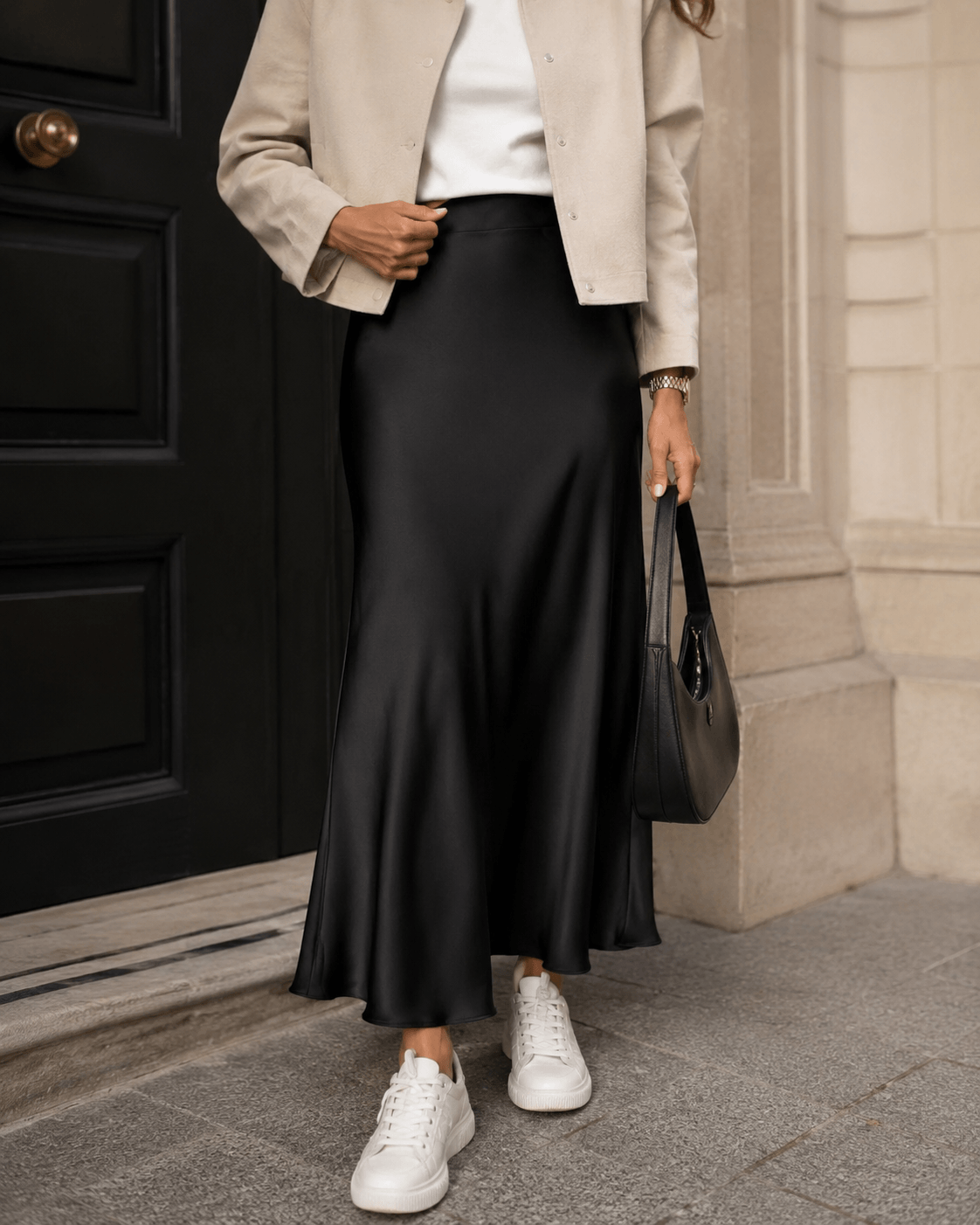 Women’s Satin Midi Skirt High Waist A-Line Office Skirt