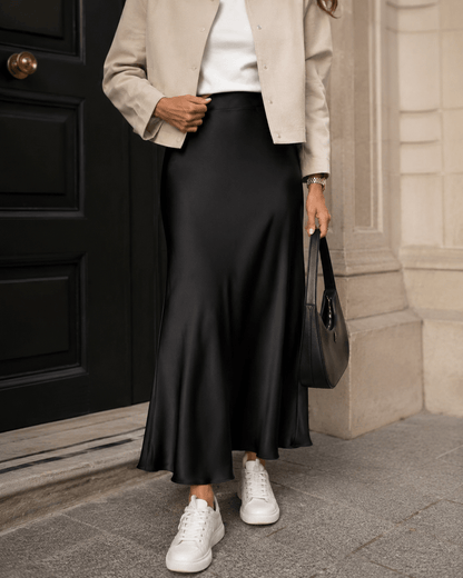 Women’s Satin Midi Skirt High Waist A-Line Office Skirt