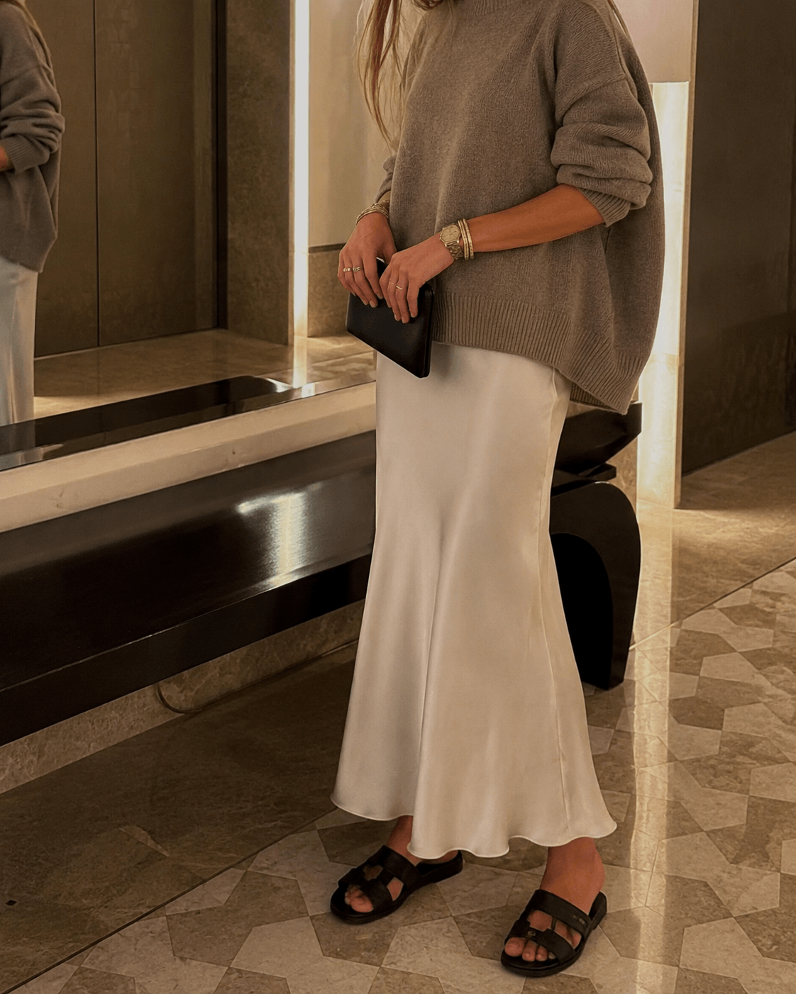 Women’s Satin Midi Skirt High Waist A-Line Office Skirt