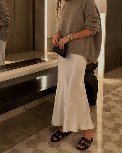 Women’s Satin Midi Skirt High Waist A-Line Office Skirt