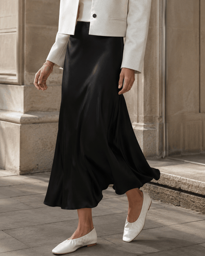 Women’s Satin Midi Skirt High Waist A-Line Office Skirt