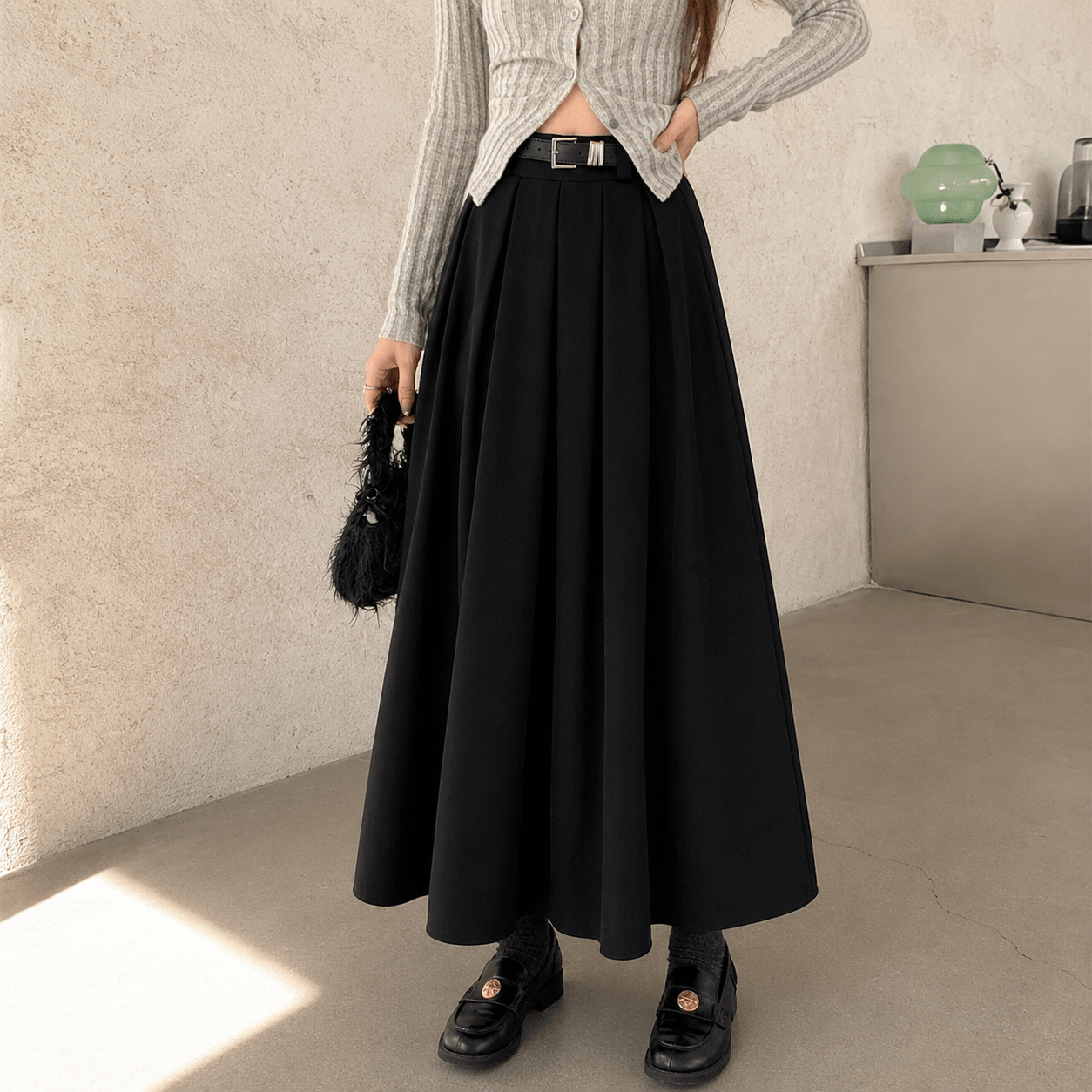 Women’s Pleated Maxi Skirt High Waist A-Line Long Skirt