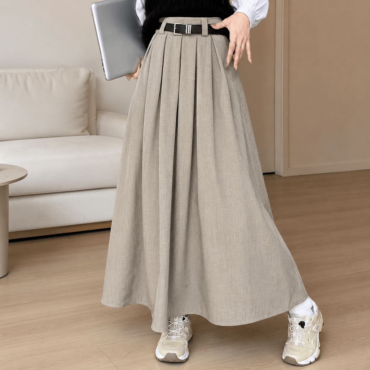 Women’s Pleated Maxi Skirt High Waist A-Line Long Skirt