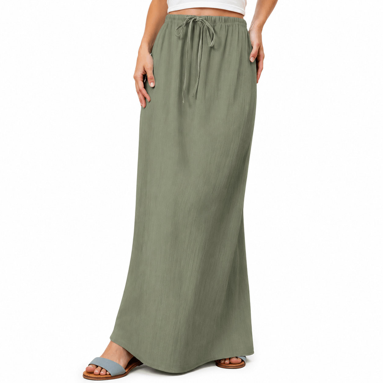 Women’s High Waisted Drawstring Maxi Skirt Linen-Look A-Line Summer Skirt