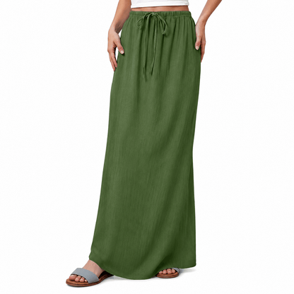 Women’s High Waisted Drawstring Maxi Skirt Linen-Look A-Line Summer Skirt