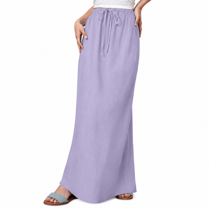Women’s High Waisted Drawstring Maxi Skirt Linen-Look A-Line Summer Skirt