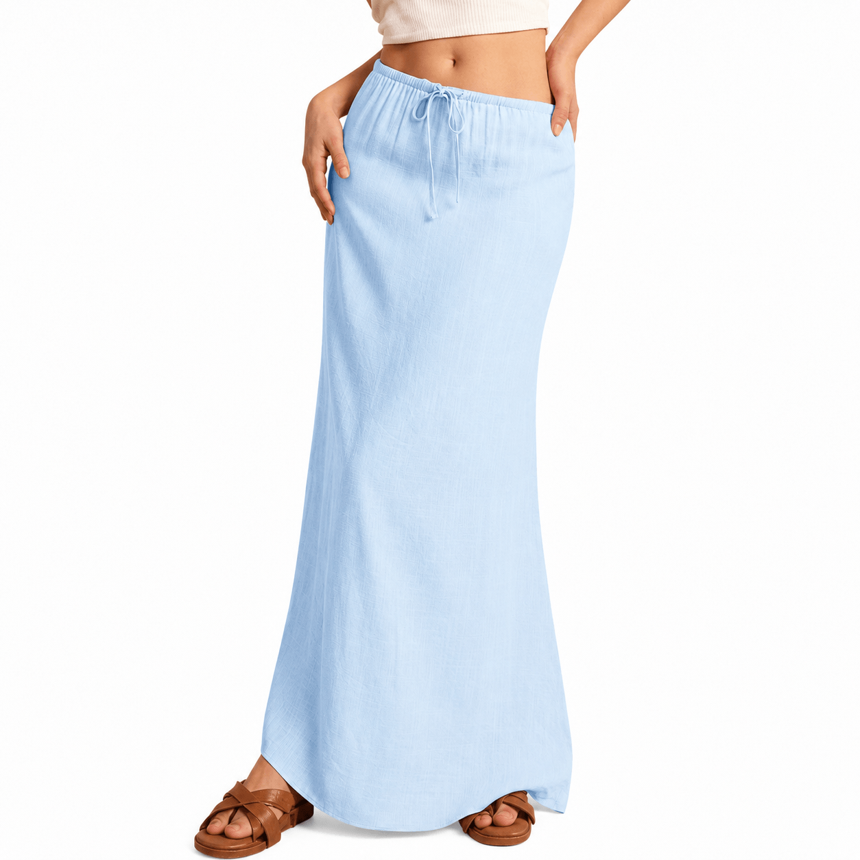 Women’s High Waisted Drawstring Maxi Skirt Linen-Look A-Line Summer Skirt