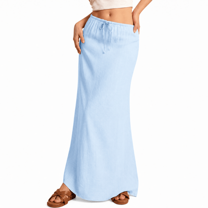 Women’s High Waisted Drawstring Maxi Skirt Linen-Look A-Line Summer Skirt