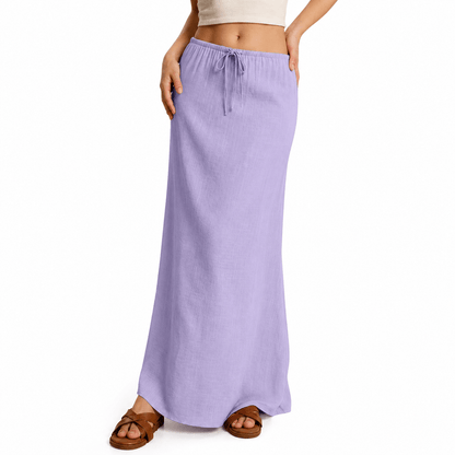 Women’s High Waisted Drawstring Maxi Skirt Linen-Look A-Line Summer Skirt