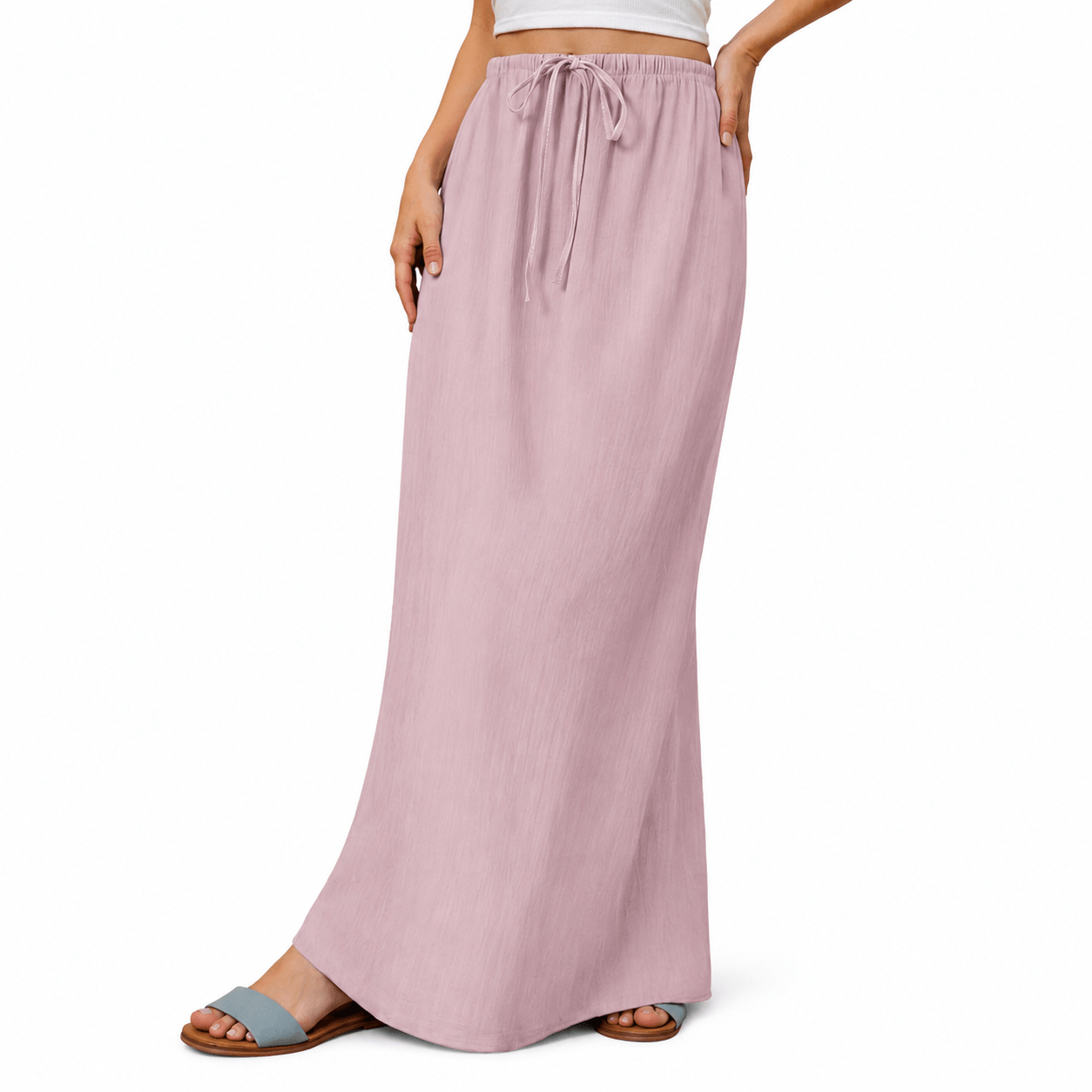 Women’s High Waisted Drawstring Maxi Skirt Linen-Look A-Line Summer Skirt