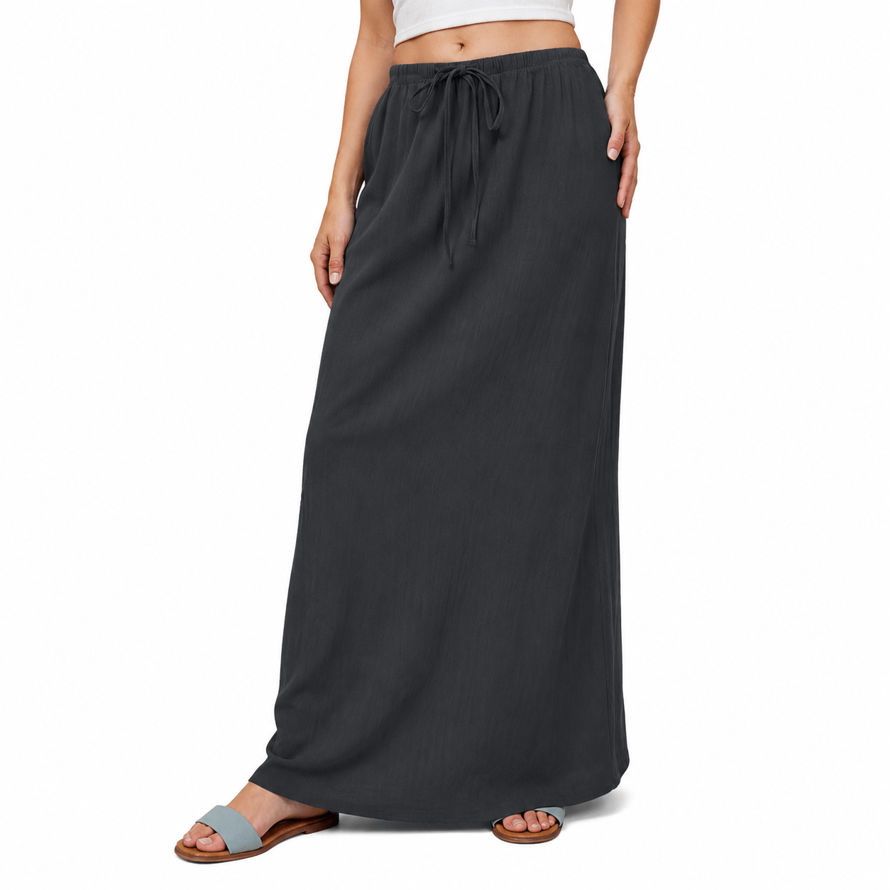 Women’s High Waisted Drawstring Maxi Skirt Linen-Look A-Line Summer Skirt