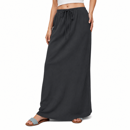 Women’s High Waisted Drawstring Maxi Skirt Linen-Look A-Line Summer Skirt