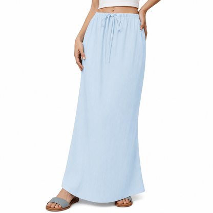 Women’s High Waisted Drawstring Maxi Skirt Linen-Look A-Line Summer Skirt