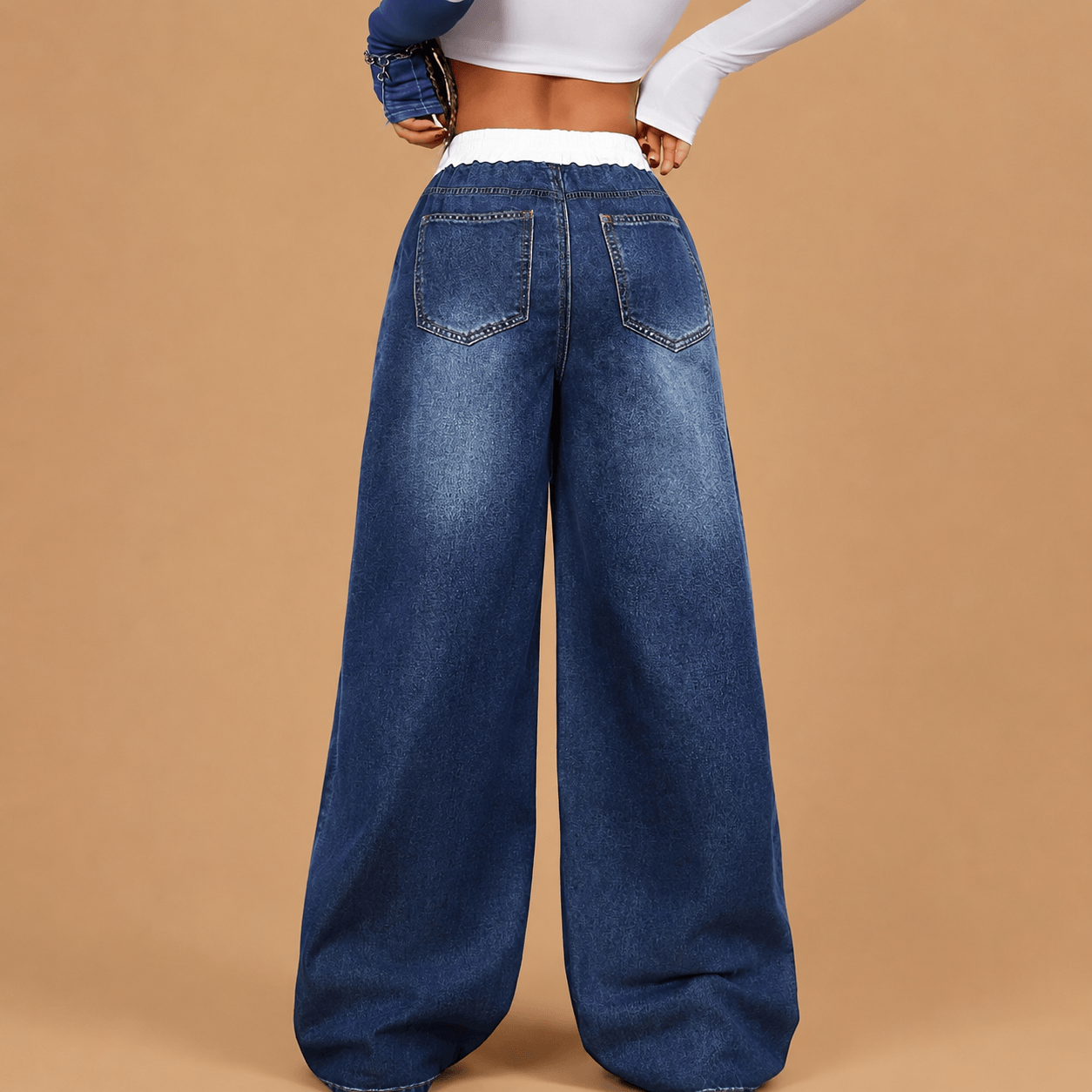 Women’s Blue Flared Jeans Elastic Drawstring Waist Wide Leg Denim Trousers