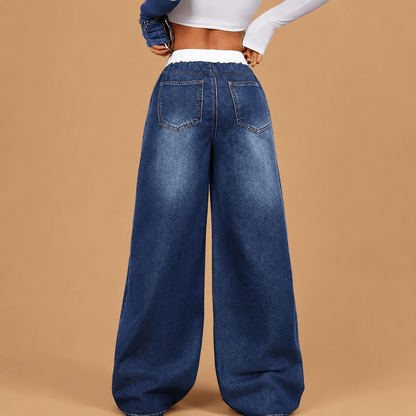 Women’s Blue Flared Jeans Elastic Drawstring Waist Wide Leg Denim Trousers
