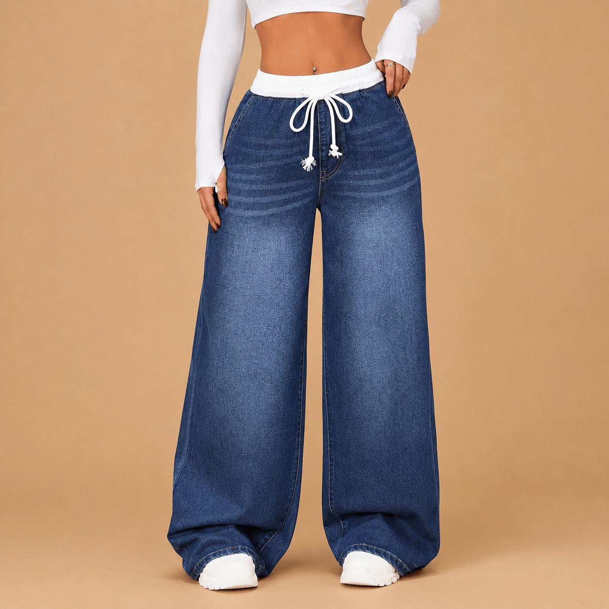 Women’s Blue Flared Jeans Elastic Drawstring Waist Wide Leg Denim Trousers