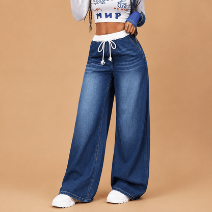 Women’s Blue Flared Jeans Elastic Drawstring Waist Wide Leg Denim Trousers