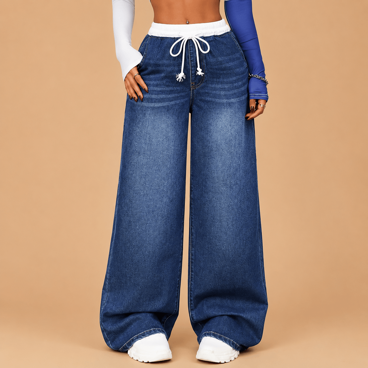 Women’s Blue Flared Jeans Elastic Drawstring Waist Wide Leg Denim Trousers