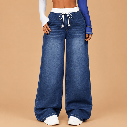 Women’s Blue Flared Jeans Elastic Drawstring Waist Wide Leg Denim Trousers