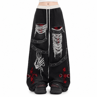 Women’s Distressed Baggy Jeans High Waisted Straight Leg Punk Denim Trousers
