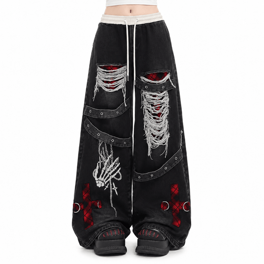 Women’s Distressed Baggy Jeans High Waisted Straight Leg Punk Denim Trousers