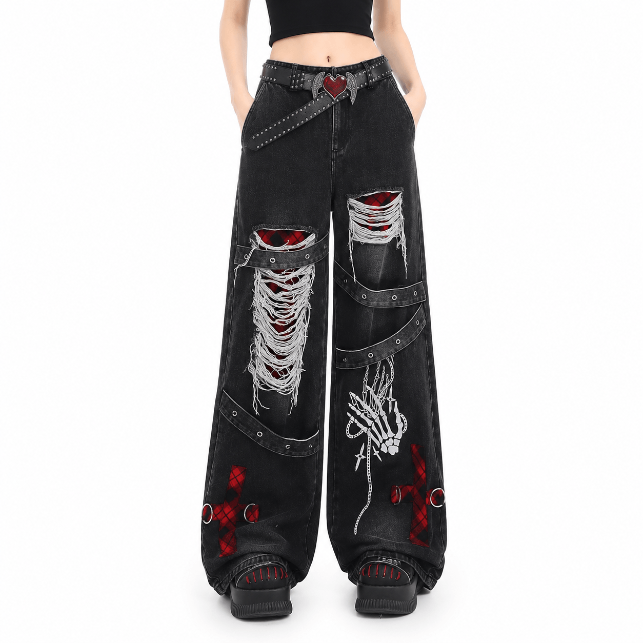 Women’s Distressed Baggy Jeans High Waisted Straight Leg Punk Denim Trousers