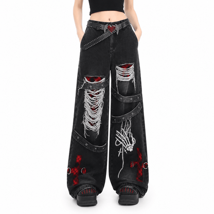 Women’s Distressed Baggy Jeans High Waisted Straight Leg Punk Denim Trousers
