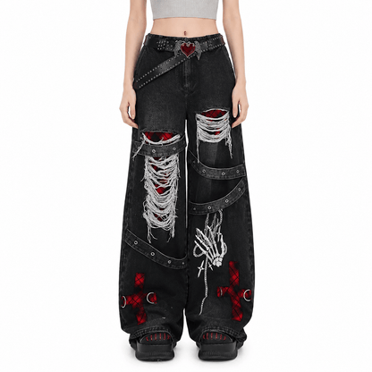 Women’s Distressed Baggy Jeans High Waisted Straight Leg Punk Denim Trousers