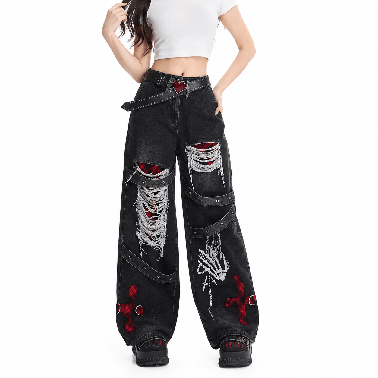 Women’s Distressed Baggy Jeans High Waisted Straight Leg Punk Denim Trousers