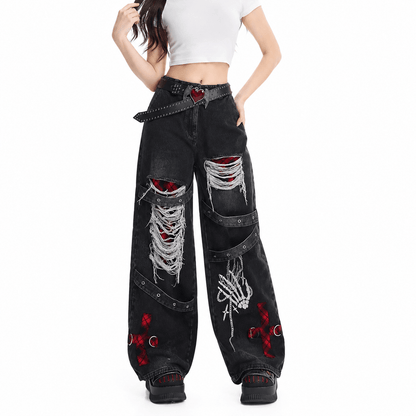 Women’s Distressed Baggy Jeans High Waisted Straight Leg Punk Denim Trousers