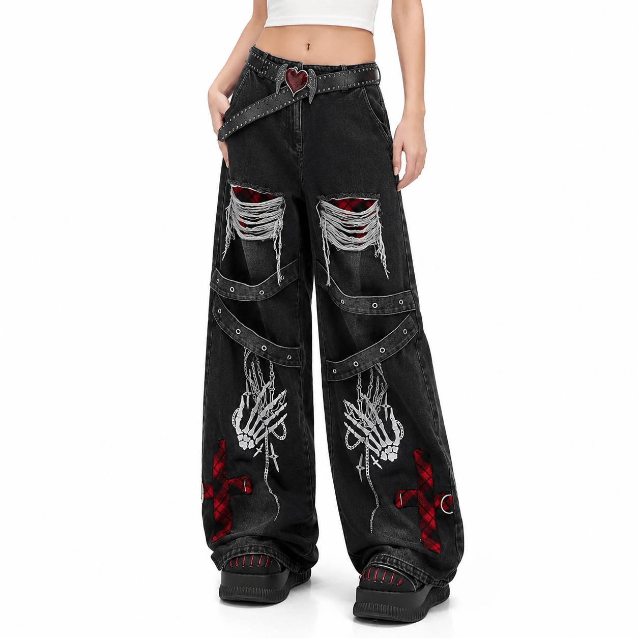 Women’s Distressed Baggy Jeans High Waisted Straight Leg Punk Denim Trousers