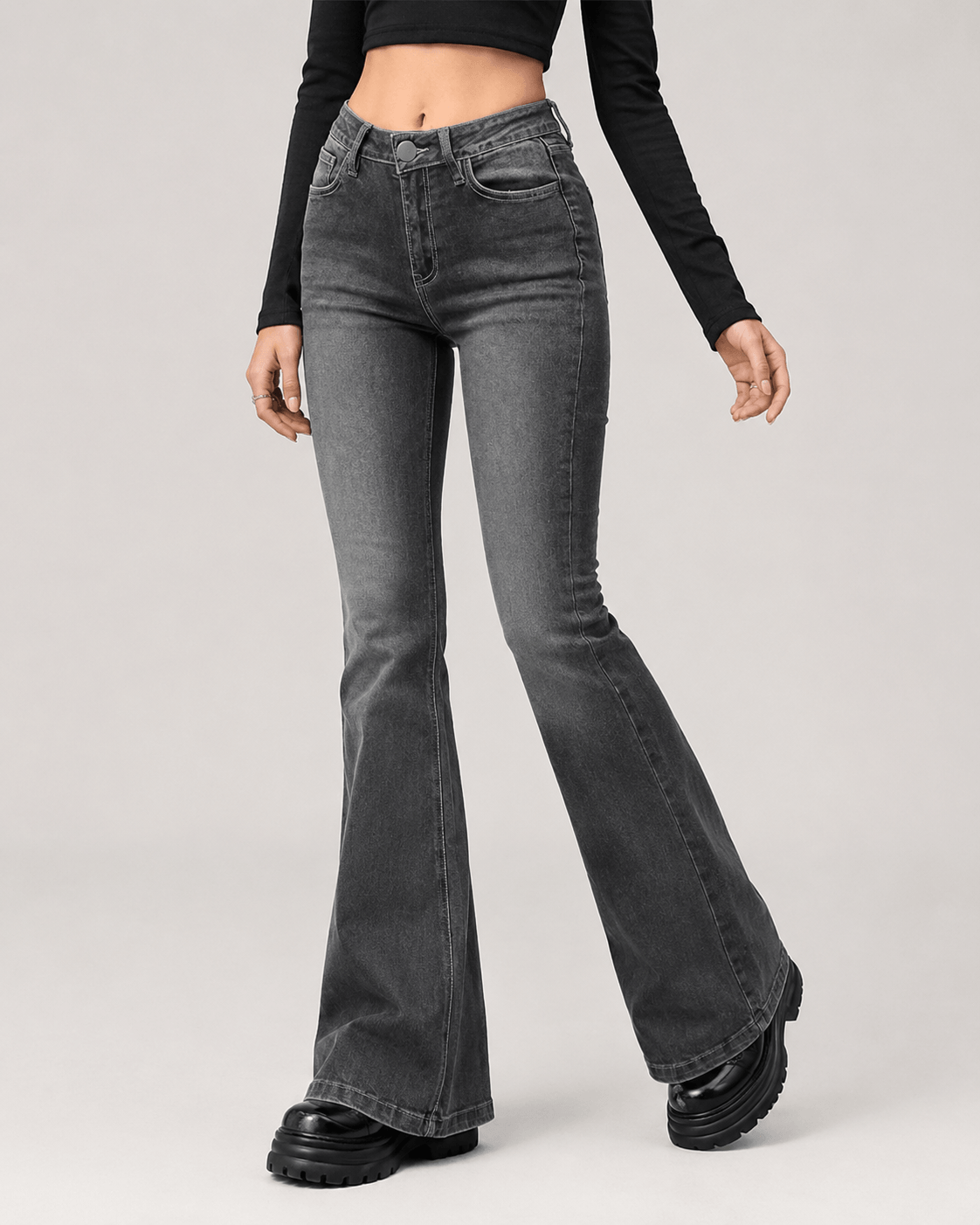 Women’s High Waisted Grey Flared Jeans Stretch Bell Bottom Denim Trousers