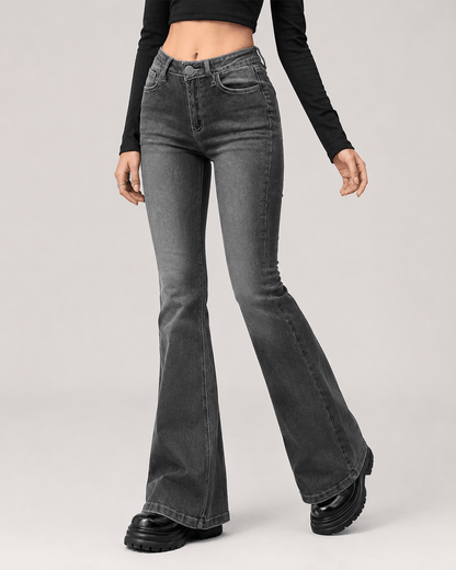 Women’s High Waisted Grey Flared Jeans Stretch Bell Bottom Denim Trousers