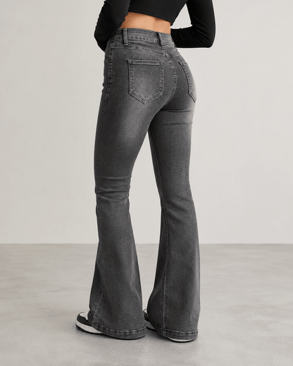 Women’s High Waisted Grey Flared Jeans Stretch Bell Bottom Denim Trousers