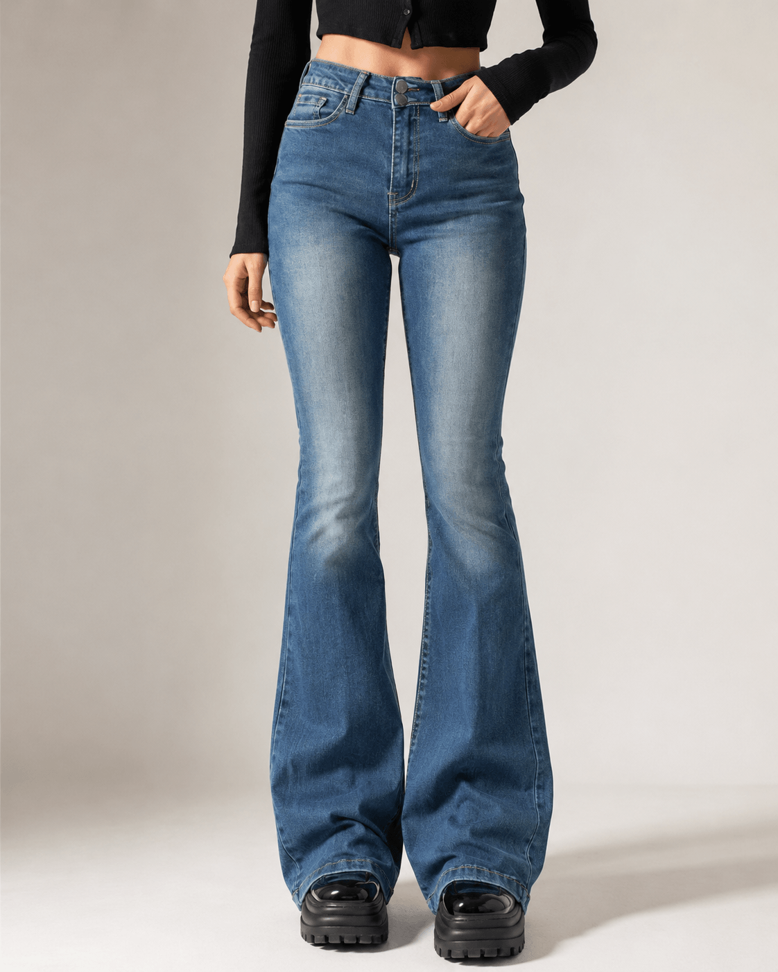 Women’s High Waisted Grey Flared Jeans Stretch Bell Bottom Denim Trousers