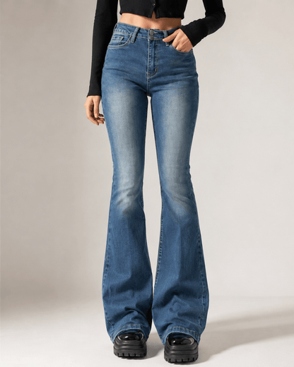 Women’s High Waisted Grey Flared Jeans Stretch Bell Bottom Denim Trousers