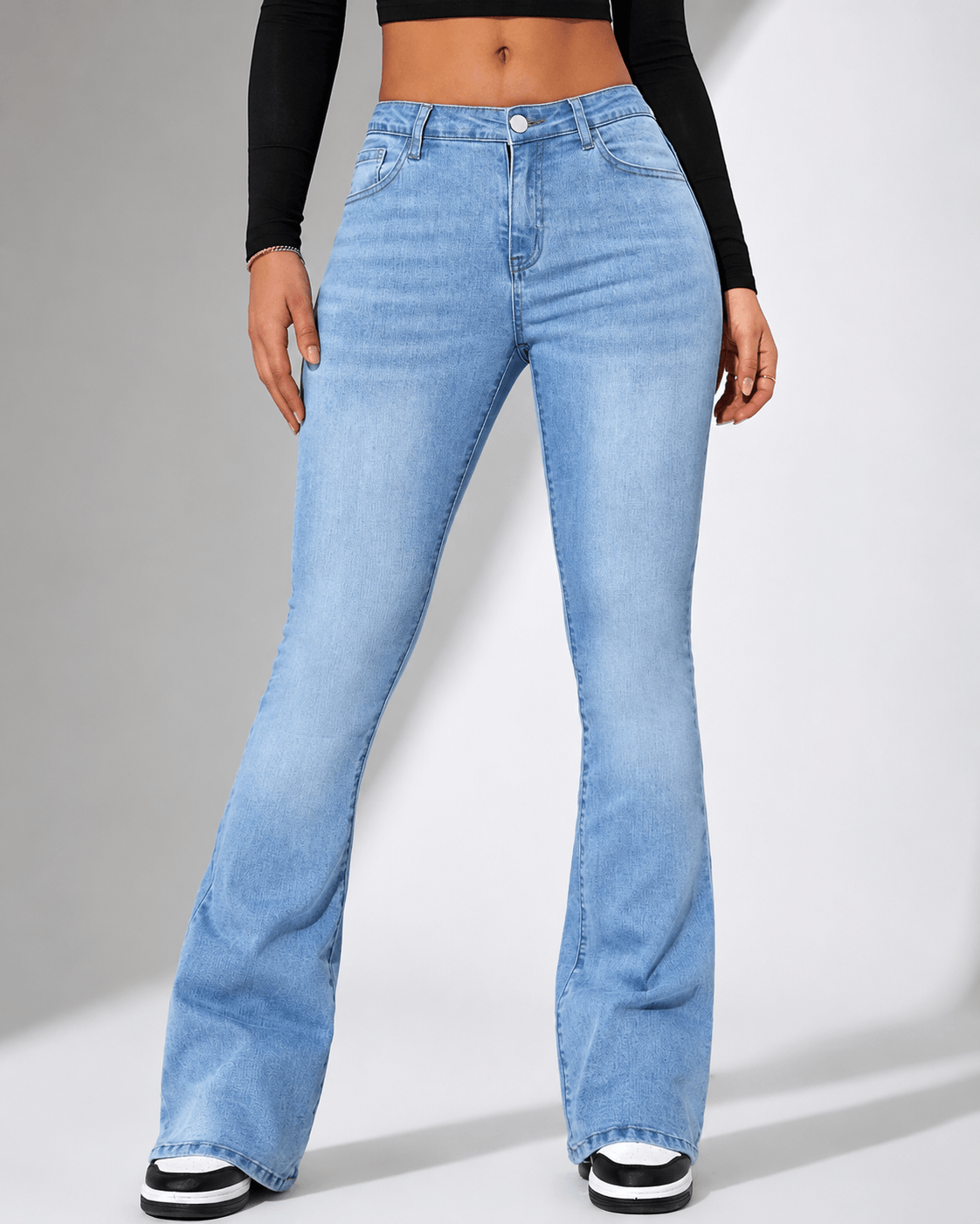 Women’s High Waisted Grey Flared Jeans Stretch Bell Bottom Denim Trousers