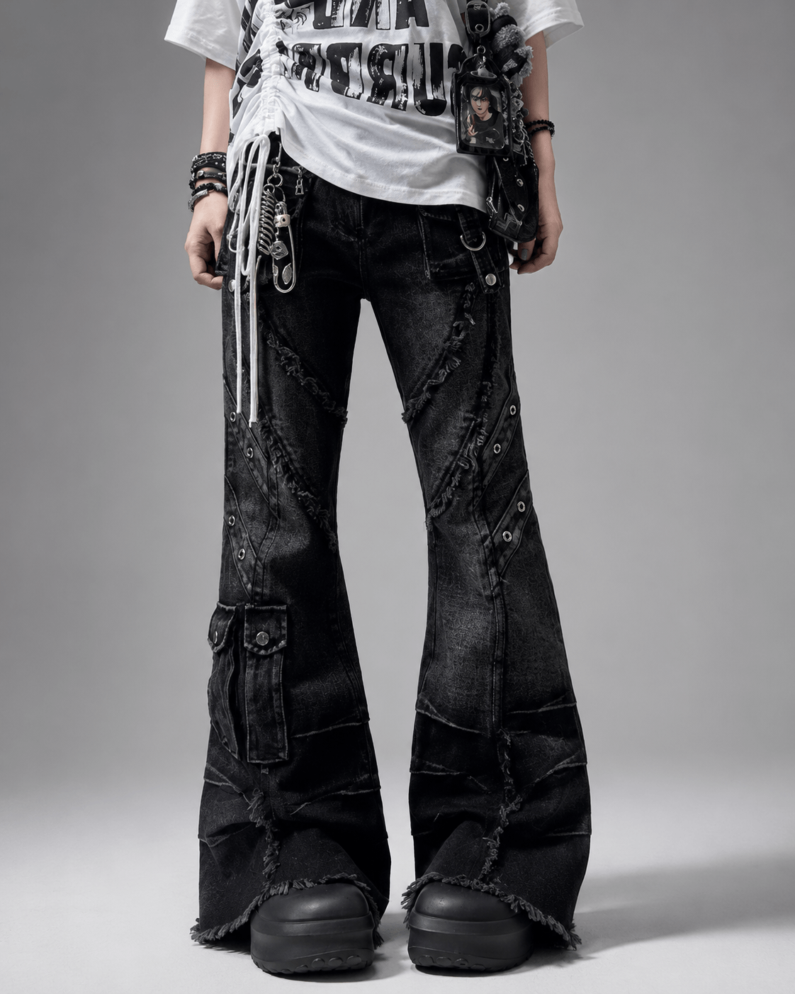 Women’s Black Baggy Flared Jeans Low Rise Cargo Pocket Denim Trousers