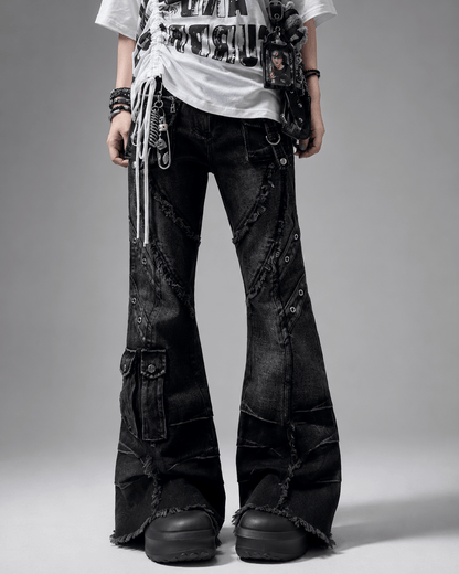 Women’s Black Baggy Flared Jeans Low Rise Cargo Pocket Denim Trousers