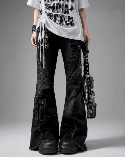 Women’s Black Baggy Flared Jeans Low Rise Cargo Pocket Denim Trousers