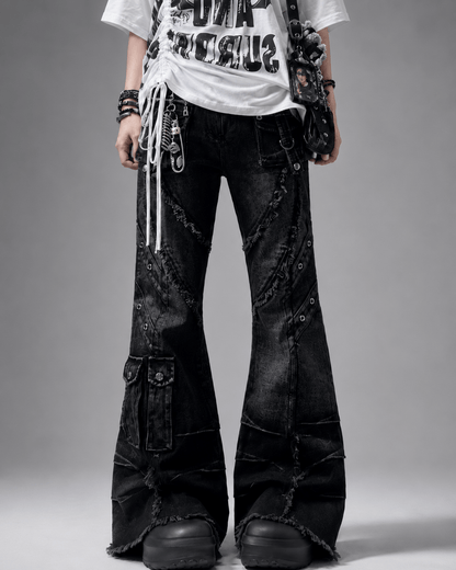 Women’s Black Baggy Flared Jeans Low Rise Cargo Pocket Denim Trousers