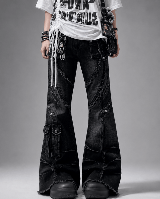 Women’s Black Baggy Flared Jeans Low Rise Cargo Pocket Denim Trousers