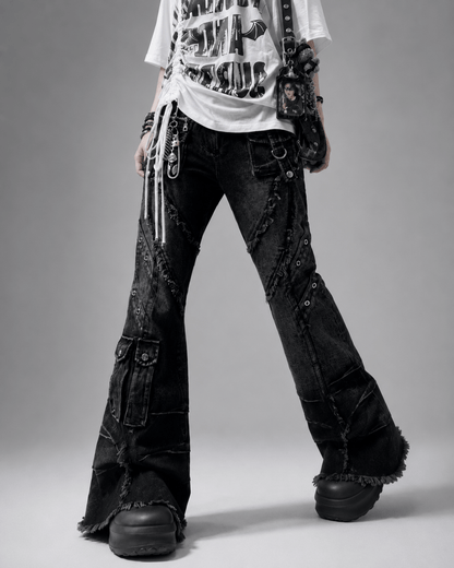 Women’s Black Baggy Flared Jeans Low Rise Cargo Pocket Denim Trousers