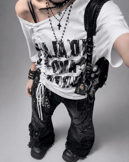 Women’s Black Baggy Flared Jeans Low Rise Cargo Pocket Denim Trousers