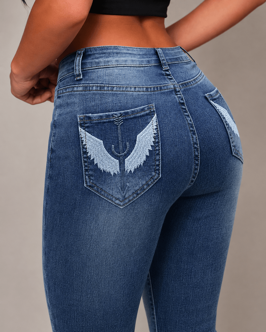 Women’s Deep Blue Flared Jeans Mid Rise Stretch Embroidered Denim Trousers